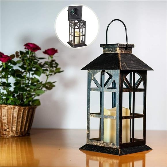 Solar Lantern Outdoor Classic Decor Bronze Antique Metal and Glass Construction - Picture 4 of 6